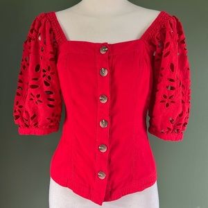 ♥️ MAEVE Sweetheart Puff Sleeve Button Down Linen Blend Top Size 2